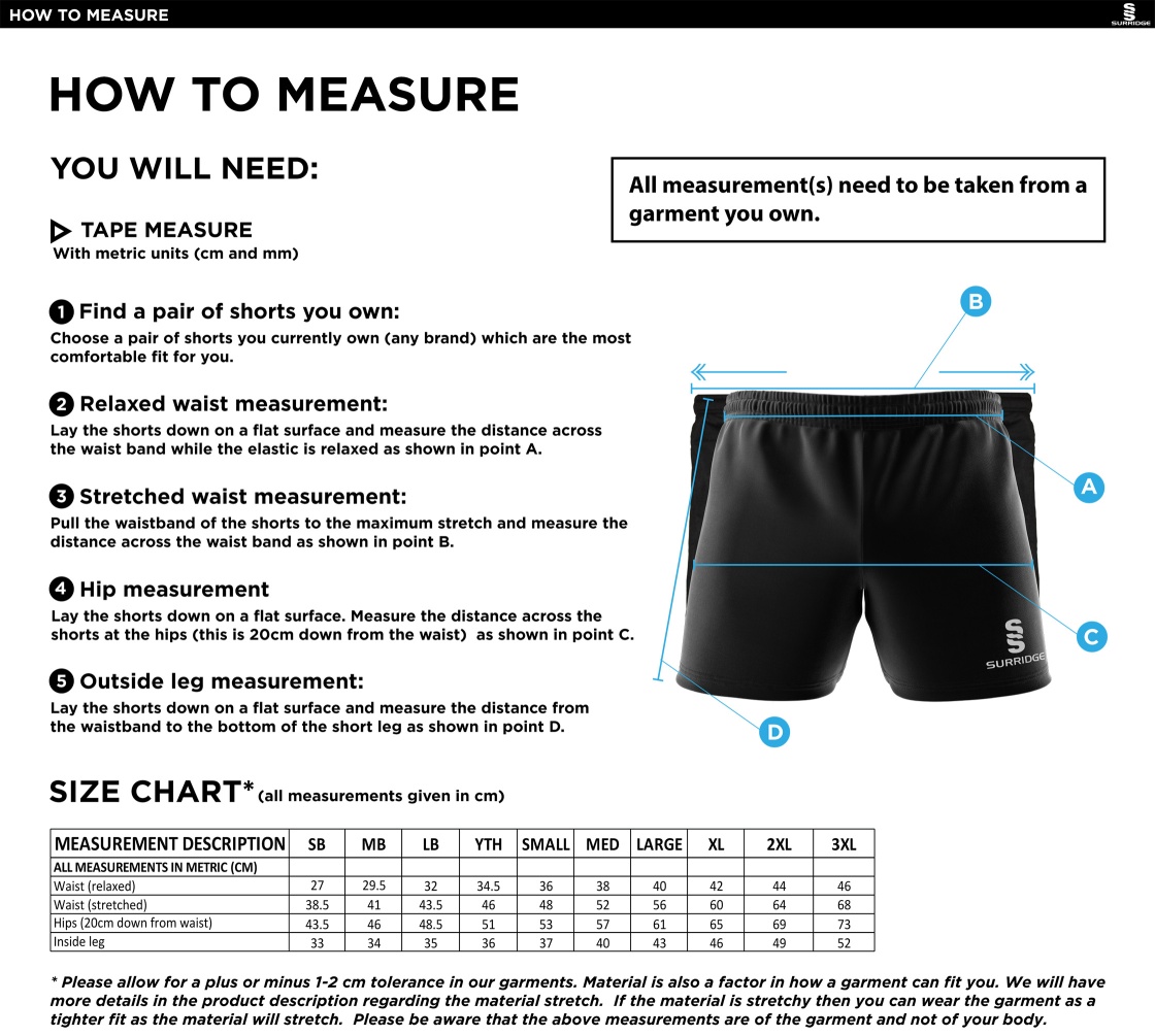Burbage & Stoke CC - Performance Gym Short - Size Guide