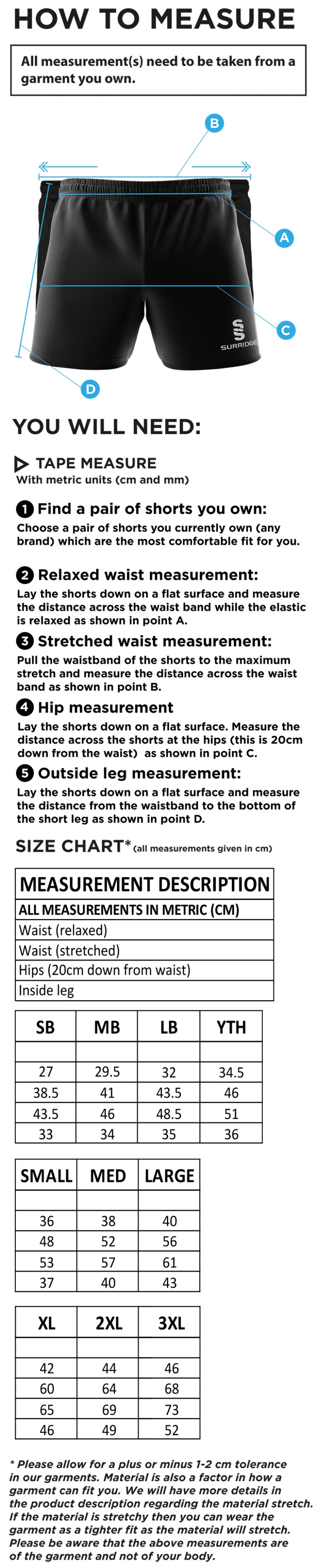 Burbage & Stoke CC - Performance Gym Short - Size Guide