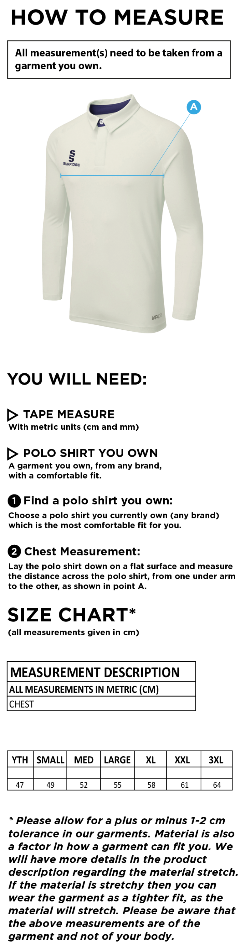 Burbage & Stoke CC - Ergo Long Sleeve Cricket Shirt - Size Guide