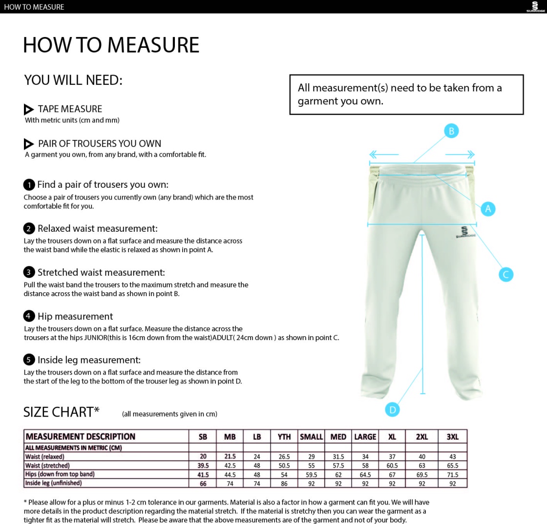 Burbage & Stoke CC - Standard Playing Pant - Size Guide