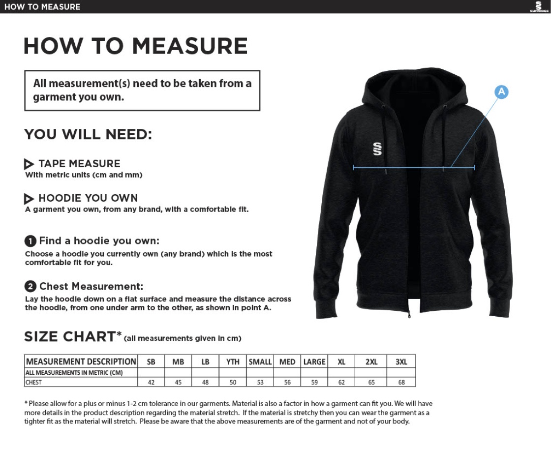 Burbage & Stoke CC - Dual Full Zip Hoody - Size Guide