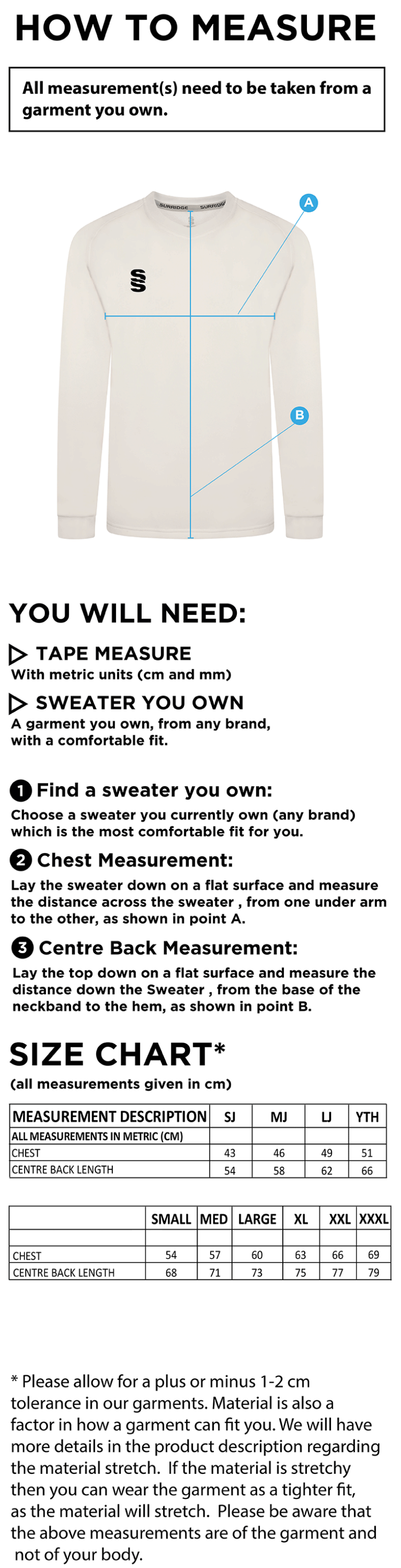 Burbage & Stoke CC - Blast Long Sleeve Cricket Sweater - Size Guide
