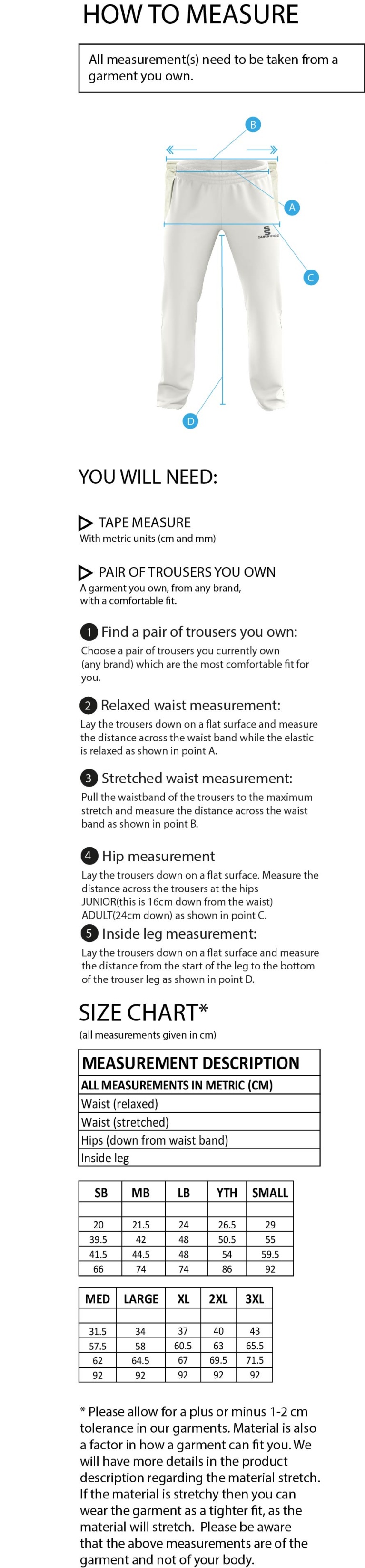 Burbage & Stoke CC - Standard Playing Pant - Size Guide