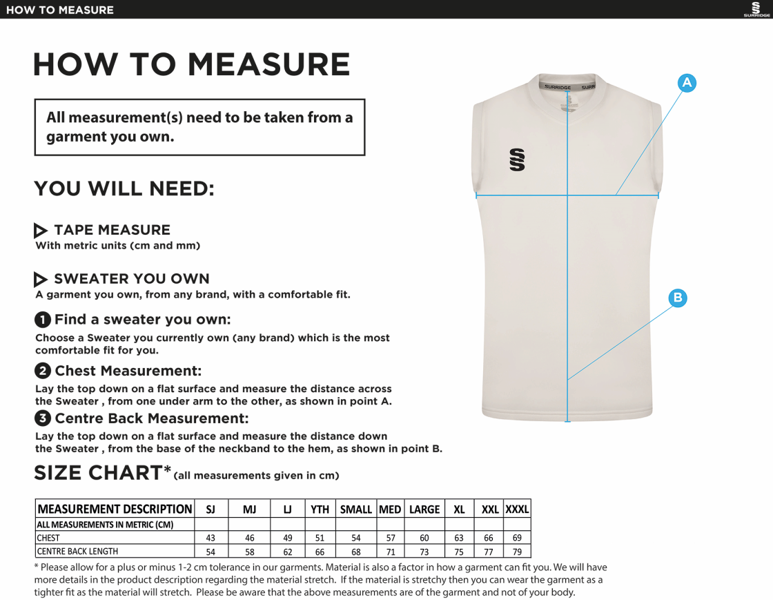 Burbage & Stoke CC - Blast Sleeveless Cricket Sweater - Size Guide
