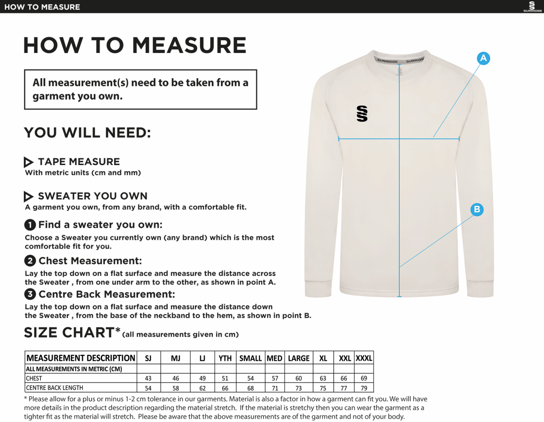 Burbage & Stoke CC - Blast Long Sleeve Cricket Sweater - Size Guide