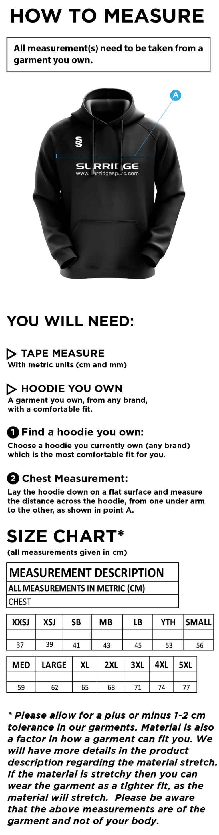 Burbage & Stoke CC - Fuse Hoody - Size Guide