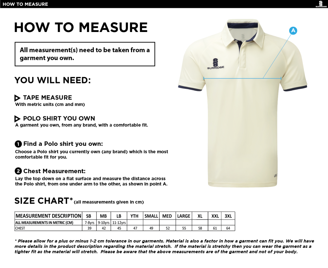 Burbage & Stoke CC - Ergo Cricket Shirt - Short Sleeve - Size Guide