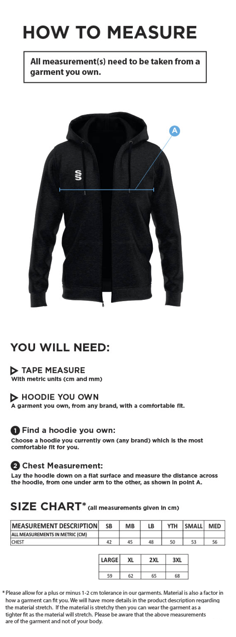 Burbage & Stoke CC - Dual Full Zip Hoody - Size Guide