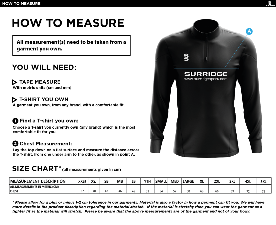 Burbage & Stoke CC - 1/4 Zip Dual Performance Top - Size Guide