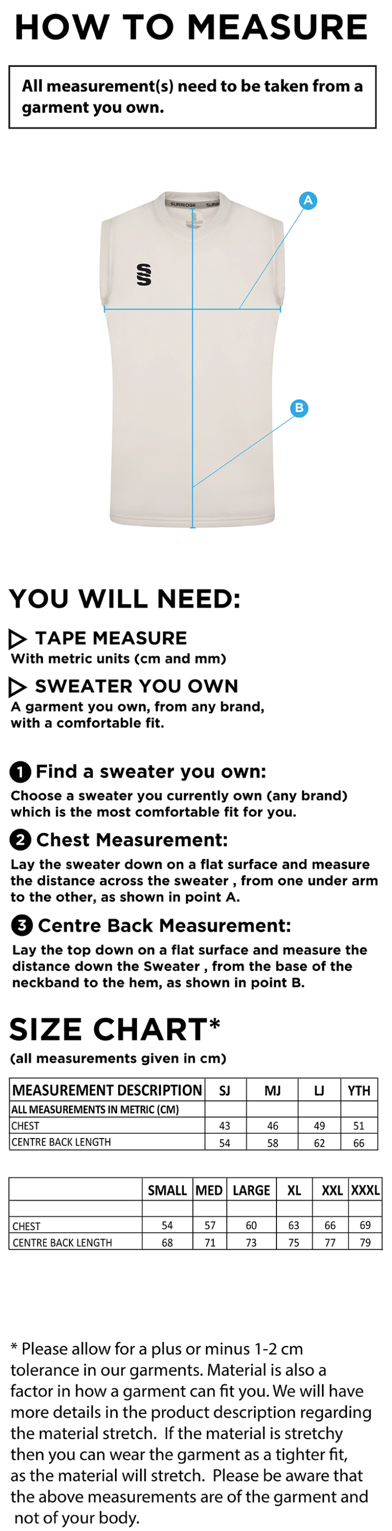 Burbage & Stoke CC - Blast Sleeveless Cricket Sweater - Size Guide