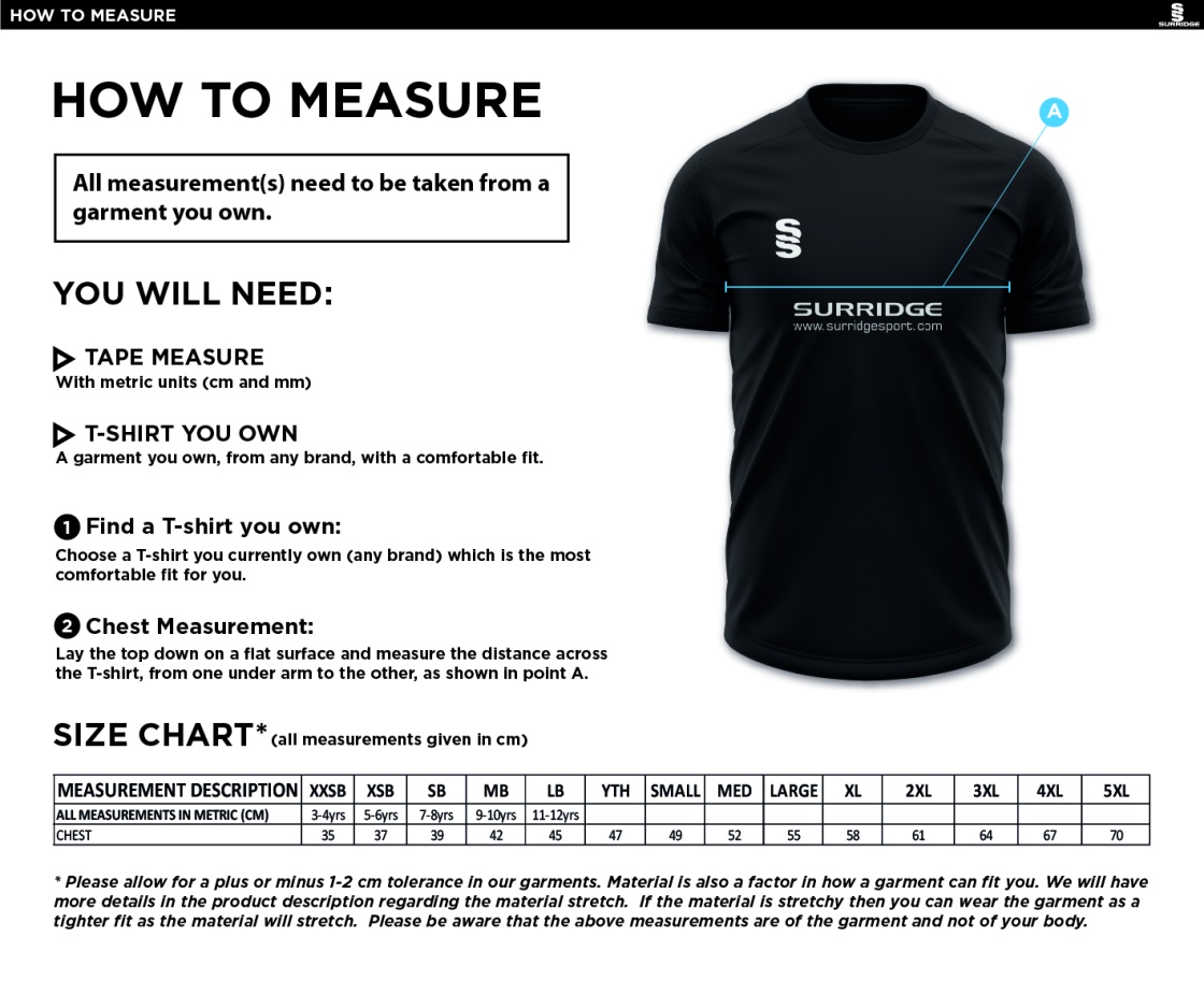 Burbage & Stoke CC - Dual Solid Colour Polo - Size Guide