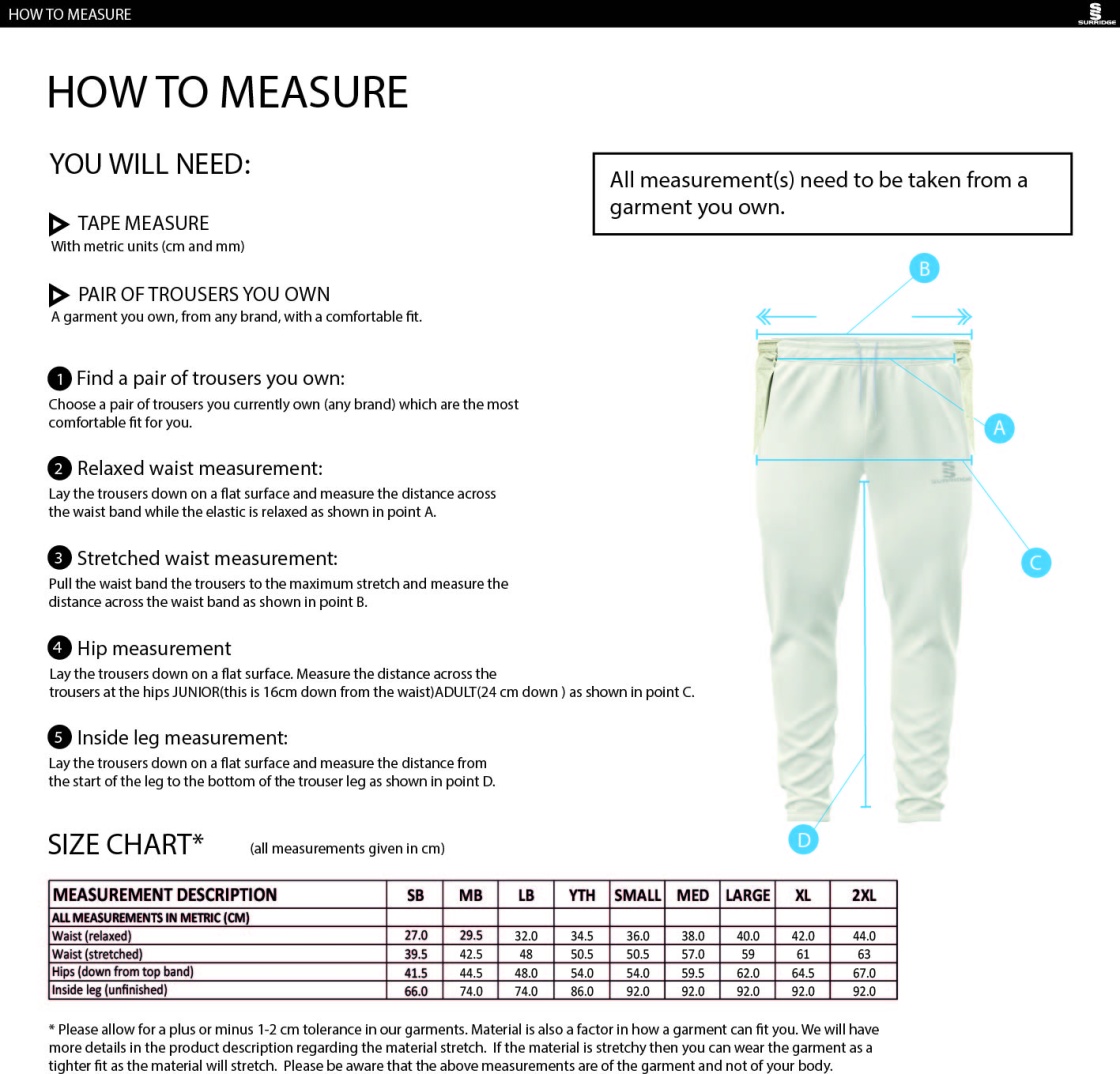 Burbage & Stoke CC - Ergo Playing Pant - Size Guide