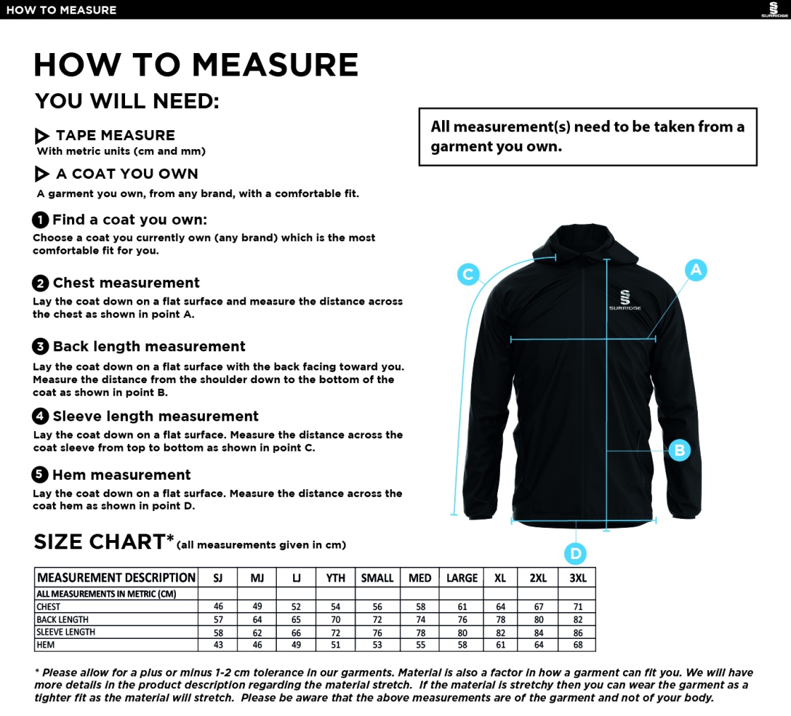 Burbage & Stoke CC - Dual Elite 1/4 Zip Hoody / Rain Jacket - Size Guide