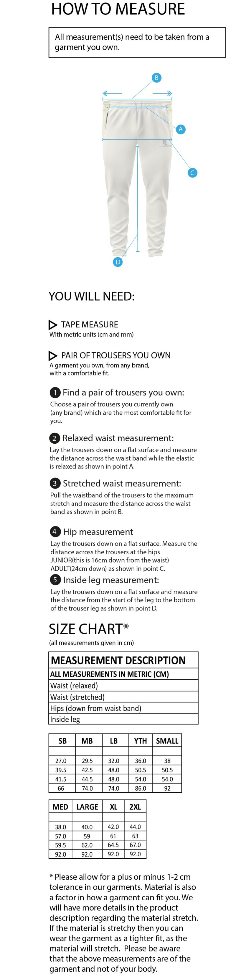 Burbage & Stoke CC - Ergo Playing Pant - Size Guide