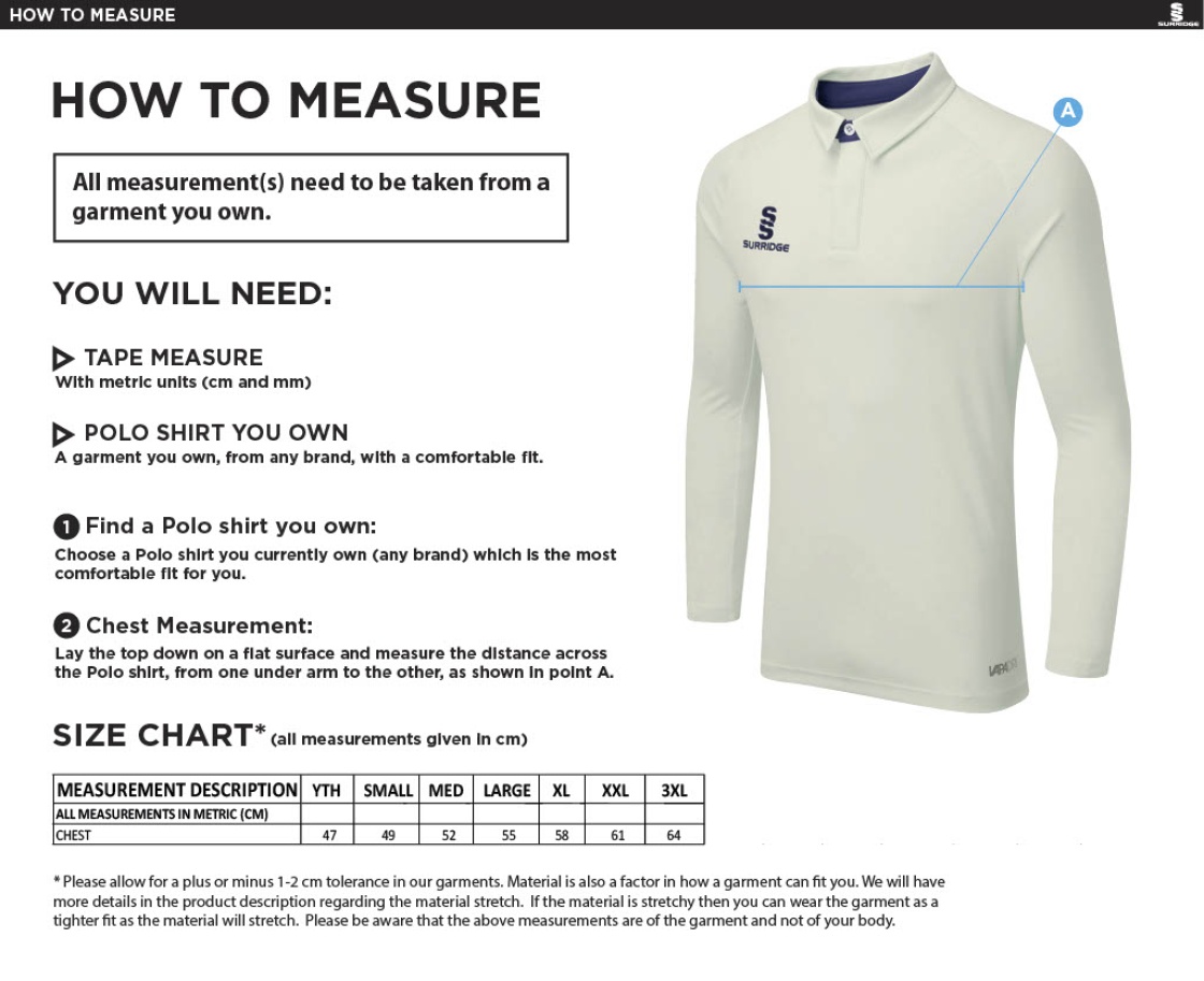 Burbage & Stoke CC - Ergo Long Sleeve Cricket Shirt - Size Guide