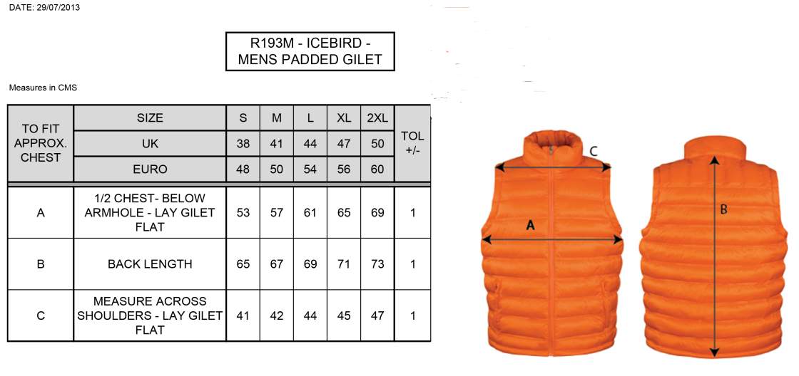 Burbage & Stoke CC - Padded Gilet - Size Guide